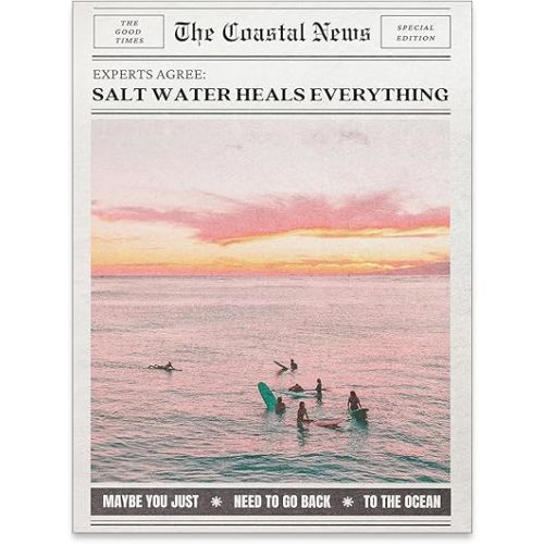 Pink Beach Newspaper Posters Vintage Fashion Coastal Girl Surf Wall Art Grainy Salt Water Heals Everything Canvas Prints for College Dorm Bedroom Wall Decor 08x10 inch Unframed