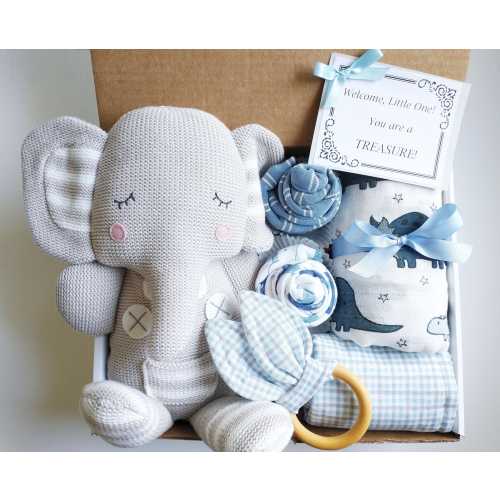Baby Boy Gift Box, Baby Gift Set, Baby Shower Gift, Gift for Babies, New Baby Gift, Baby Gift Basket, Welcome Baby Gift, Knitted Elephant