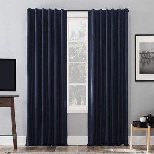 50"x84" Sun Zero Blackout Evelina Faux Dupioni Silk Curtain Panel Navy Blue: Modern Solid Back Tab Indoor Panel