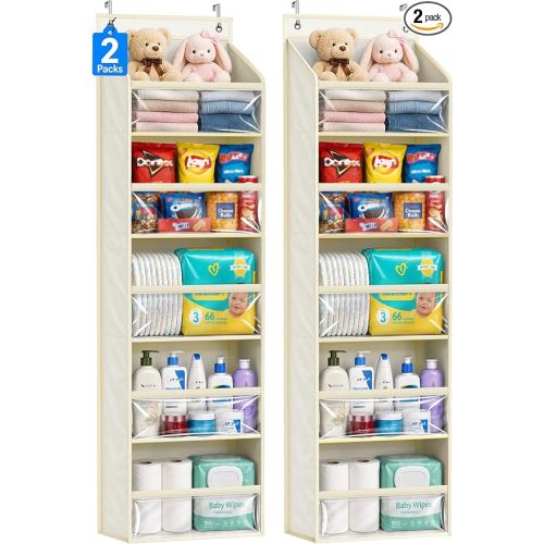 AOODA 2 Pack Over the Door Organizer, Large Capacity Closet Door Hanging Organizer, Clear Deep Pockets Baby Storage for Nursery, Bathroom, Bedroom, Pantry, Diapers (Light Yellow)