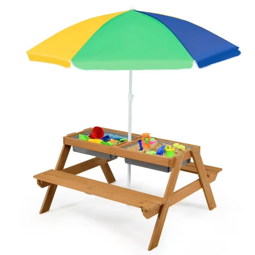 Costway 3-in-1 Kids Picnic Table Wooden Outdoor Sand & Water Table with Umbrella Play Boxes Green - Aldi-US