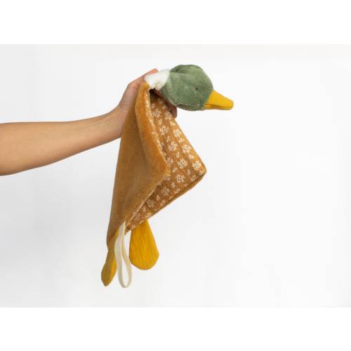 Personalized lovey. Green headed duck lovey with pacifier holder and soft muslin belly. Different printed muslin options.