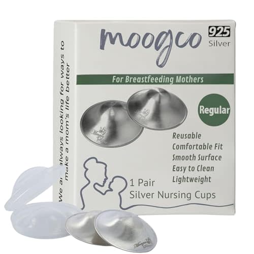 MOOGCO The Original Silver Nursing Cups - 925k Silver Nipple Cups - Nipple Shields for Breastfeeding Newborn – Protective Silver Nipple Covers for Nursing Moms (925k Regular)