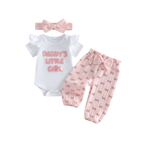 Loicainy Baby Toddler Girls Summer Outfits 3 6 12 18 Months Short Sleeve O Neck Letter Embroidery Romper Bow Print Pants Headband Clothes Set