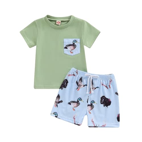 Kids Baby Boys Duck Hunter Clothes Mallard Duck Short Sleeve T-shirt Casual Shorts 2Pcs Toddler Hunting Baby Outfit