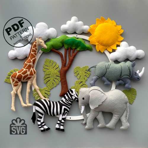 Felt Baby Mobile PDF Pattern. Safari Mobile. Jungle Mobile Sewing Pattern. Crib Mobile DIY. Safari African Plush Toys. Nursery Decor.