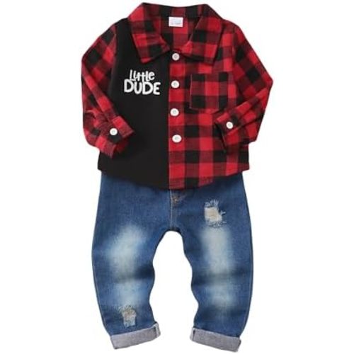 NZRVAWS Toddler Baby Boy Clothes Infant Plaid Pocket Shirt Denim Ripped Jean Pants Outfits Set 6-24 Months 2-5T