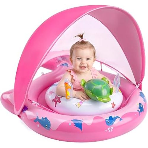 Inflatable Baby Pool Float with Sun Canopy, UPF50 Sun Protection, Portable & Easy to Store, Padded Safety Seat with, Includes Air Pump, with Toys Baby Swim Float for 6-36 Months Boys & Girls