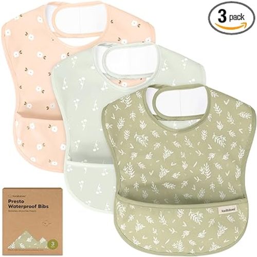 KeaBabies 3-Pack Waterproof Baby Bibs for Eating - Lightweight Toddler Feeding Bibs with Large Food Catcher, Mess Proof, Food-Grade Baby Eating Essentials, Easy to Put On & Clean (Bloom)