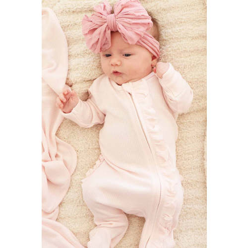 Pearl Pink Bamboo Waffle Ruffle Zipper Footie