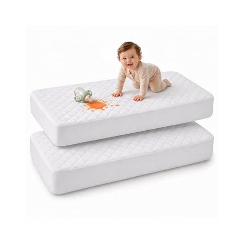 Utopia Bedding Waterproof Crib Mattress Protector, 2 Pack, 28x52 Inches | Quilted White Mattress Pad Cover, 7 Inch Deep Skirt, Soft & Breathable, Noiseless, Machine Washable.