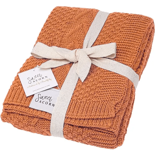 Knit Baby Blanket in Cable Pattern, Organic Cotton Blankets for Crib or Stroller, Receiving Blankets - Sunset Orange