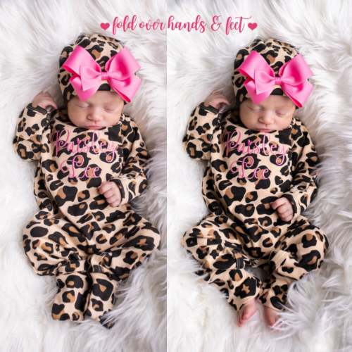 Leopard Print Baby Girl Coming Home Outfit: Personalized Newborn Romper & Hat