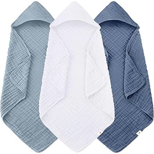 Sunny zzzZZ Muslin Hooded Baby Bath Towels - 3 Pack 100% Cotton Soft Low-Saturation Pastel Towels Including Classic White for Newborns, Infants, Toddlers - 32x32 Inch - Light Navy and White
