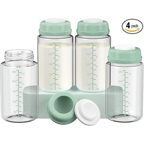 4 Pack 10oz Wide-mouth Breastmilk Storage Bottle for Momcozy 22oz Portable Breast Milk Cooler, Pumping Storage Containers Compatible with Spectra S1/S2/9 Plus/SG/Motif Luna (4PC/Green Lids)