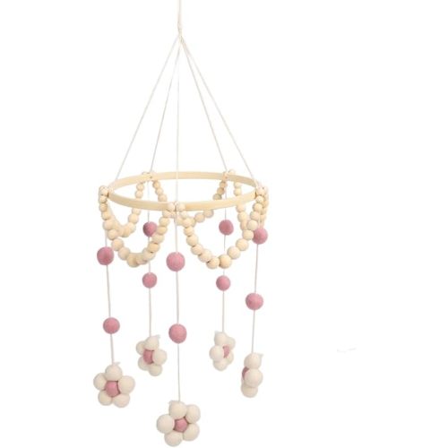 Boho Mobiles for Crib Hanging Mobile Nursery Decoration with Adorable Daisy Pattern for Newborns Soft Felt Balls Wooden Beads Bed Bell Pendant Infants (Pink)