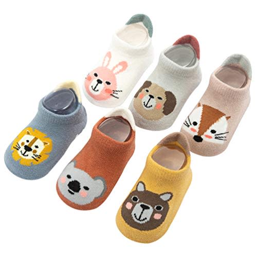 Kisgyst 6 Pairs Baby Non Slip Grip Cotton Animal Ankle Socks with Non Skid Soles for Newborn Toddler Boy Girl