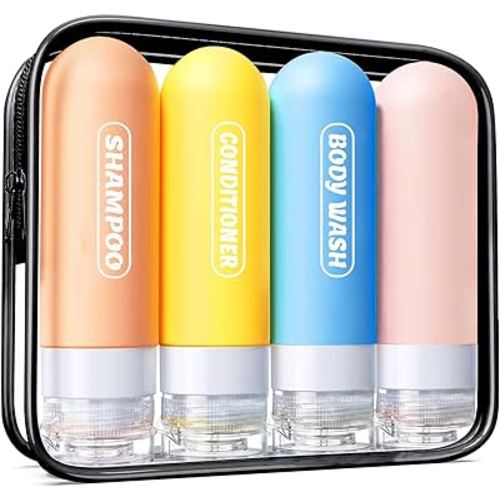 Silicone Travel Bottles for Toiletries with Labels, 3oz TSA Approved Squeezable Travel Size Containers, Leak Proof Travel Shampoo and Conditioner Bottles with Toiletry Bag (4 Pack, Light Color)