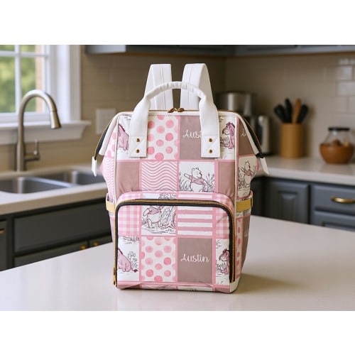 Diaper Bag Winnie the Pooh Pink Girl Toile Squares Personalized Custom Diaper Bag Backpack Baby Shower Gift Mommy Bag Backpack Gifting Idea