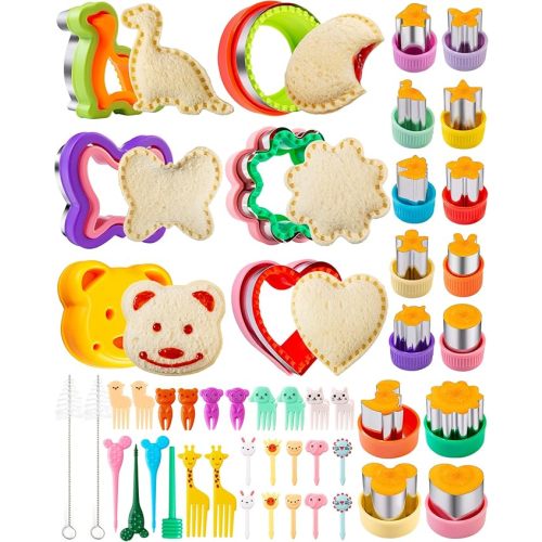 Sandwich Cutter for Kids 48 Pcs, Kimfead Cookie Cutters, Fruit Vegetable Cutter Shapes, Food Picks for Bento Box, Mouse Dinosaur Star Square Heart Shape
