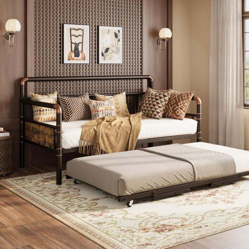 Eastvita Twin Metal Daybed with Pop-Up Trundle, Industrial Vintage Sofa Bed Frame Set with Locking Casters, Steel Slat Support, Brown