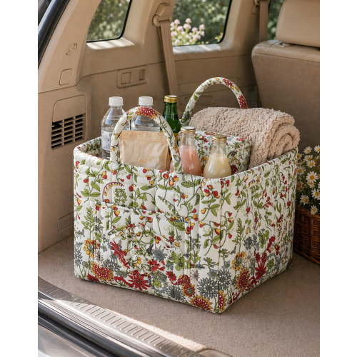 Car Storage Basket Organizer, Large Capacity Foldable Car Organizer with Handles, Quilted Fabric Auto Storage Bin for Trunk, Back Seat, Road Trips, Groceries, Toys & Accessories (Style-J)
