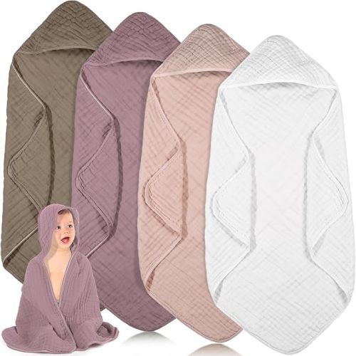 4 Pcs Baby Towels Cotton Muslin Hooded Baby Towels for Newborn Infant Toddler Large 32 x 32 Inch Soft Absorbent Blankets Bath Essentials Registry Gifts for Girl Boy (Purple Series)