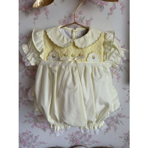 Yellow Smocked Ruffle Bubble with Hand Embroidery – Preorder | The Vintage Baby Boutique