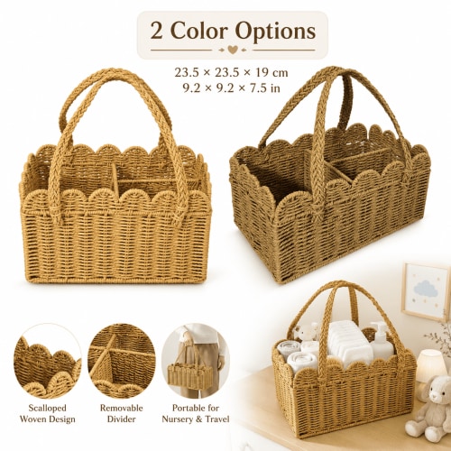 Diaper Caddy Organizer, Paper Rope Storage Basket with Removable Divider, Portable Nursery Bin with Handles for Diapers, Wipes & Baby Essentials, Baby Shower Gift, Newborn Must Haves,Beige
