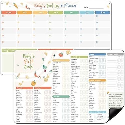 2 Pack Baby First Food Checklist, Baby Led Weaning Supplies, First Foods Tracker Fridge Magnet & Daily Food Log Meal Planner, 12"x8" Dry Erase Nutrition Poster, 101 Foods Before 1 Checklist Magnet