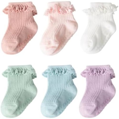 DRESHOW BQUBO Baby Girls Toddler Anti Slip Socks - Cute Frilly Ruffle Grip Ankle Socks for Infant Toddler
