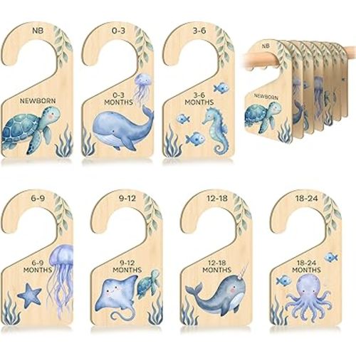 7 PCS Blue Under The Sea Closet Dividers for Baby Clothes, Wooden Ocean Nursery Wardrobe Organizer with Double-Sided Size Labels for Newborn to 24 Months, Coastal Baby Room Decor