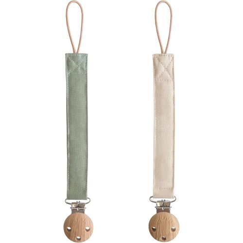 mushie Linen Baby Pacifier Clip Holder (Olive/Shifting Sand)