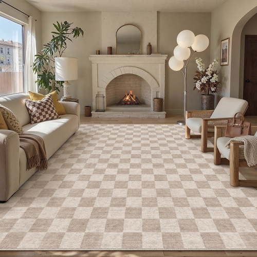 BERTHMEER 8'x10' Area Rugs for Living Room Dining Room Bedroom Farmhouse Office Large Geometric Modern Checkered Carpets Non Slip Machine Washable Rugs,Brown
