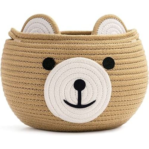 CherryNow Cotton Rope Baby Basket for Nursery, Bear Gift Baskets for Kids, Empty Baby Shower Basket with Handles, Small Cute Animal Baskets, Brown, 10.5"D x 8.5"H