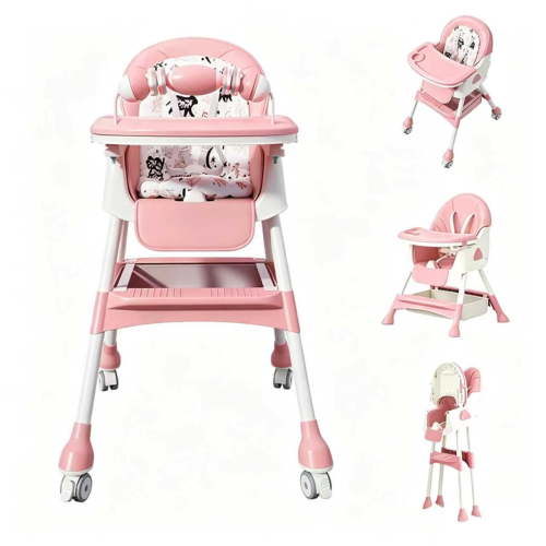 4-in-1 Foldable Baby High Chair, Adjustable Height Toddler Feeding Chair with Lockable Wheels, Removable Tray & Detachable PU Cushion, Pink