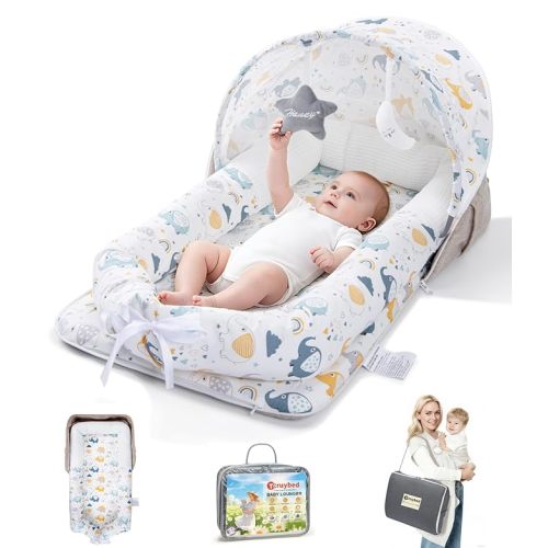 Baby Lounger with Canopy, Foldable Portable Infant Support Cushion for 0-12 Months Newborn, Soft Breathable Washable Baby Nest with Adorable Pattern, Perfect for Home Outdoor Supervised Awake Time