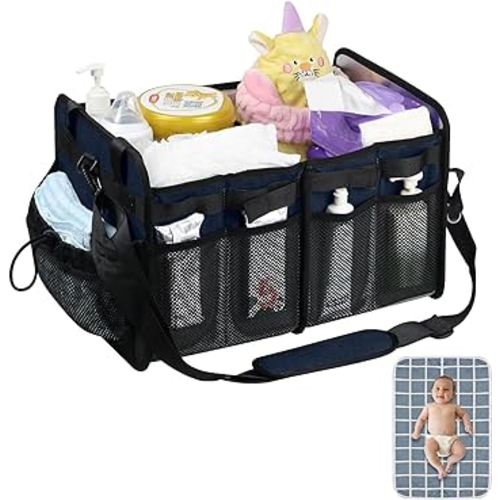 Collapsible Trunk Organizer, Baby Diaper Caddy Organizer Diaper Changing Station with Removable Divider, Large Capacity Truck Car Caddy with Changing Pad for Diaper Change,Dark Blue
