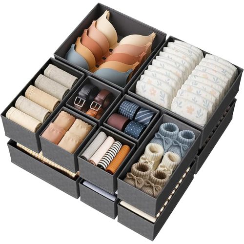 Cotton Linen Drawer Organizer for Baby Clothes, 12Pack Multi-Size Nursery Dresser Dividers for Clothes, Premium Foldable Storage Bins for Bedroom, Closet and Diaper Table, Beige