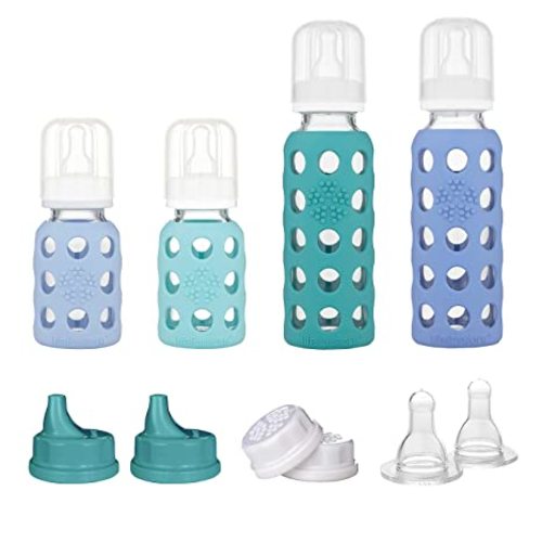 Lifefactory Glass Baby Bottle Starter Set, 4 Pk, Asst | Mint, Blanket ,Blueberry, Kale, Protective Silicone Sleeve, BPA Free, Reusable, Dishwasher Safe