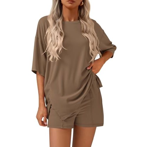 KIRUNDO 2 Piece Sets for Women Summer Lounge Sets Casual Oversized Tshirts Shorts Matching Airport Travel Outfits Postpartum