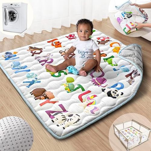 Baby Play Mat, 43x43 Mat with Super Soft Touch, Activity Mat with Upgraded Anti-Slip Bottom, Machine Washable Crawling Mat for Floor & Picnic(Animal Alphabets)