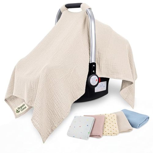 100% Organic Muslin Cotton Car Seat Cover 35 x 50 Inches Soft Touch Breathable Canopy, Protective Car Seat Cover Baby All Seasons Lightweight Car Seat Cover Travel Comfort (Ivory)
