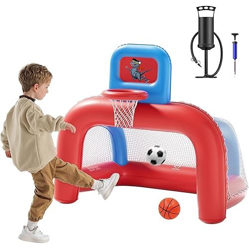 QPAU 2-in-1 Inflatable Toddler Basketball Hoop & Soccer Goal Set, Indoor Outdoor Sports Center Toys for Kids, Baby Toddlers Birthday Gift for 1 2 3 4 5 Year Old Boys Girls
