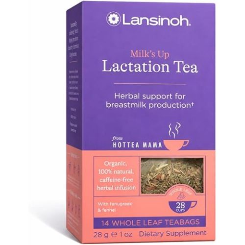 Lansinoh + HotTea Mama Milk's Up, Breastfeeding and Lactation Support Tea, Fenugreek, Fennel, Anise Seed, Caffeine-free, Sugar-Free, Postpartum Essentials for New Moms, Includes 14 Tea Sachets