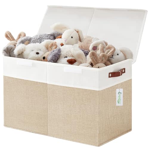 Bagnizer Large Toy Storage Box with Lids, Collapsible Sturdy Baby Storage Organizer Chest Bin Basket for Kids, Boys, Girls, Playroom, Nursery, Bedroom, Closet 25"x13"x16" (Beige and White)