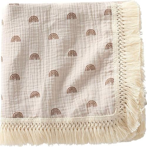Cotton Baby Muslin Tassles 40"x 47", Baby Receiving Blanket with Fringe, Boho Muslin Swaddle Blanket with Fringe- Earth Rainbow…