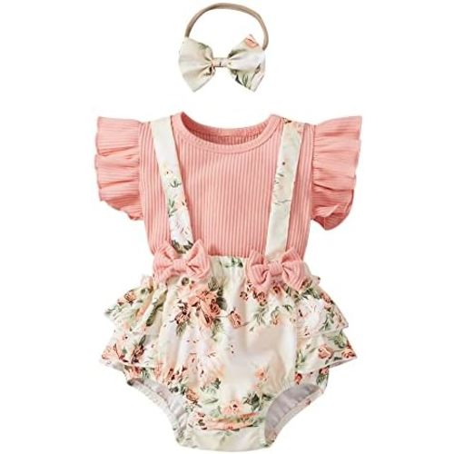 Fanvereka Newborn Infant Baby Girl Summer Outfits Romper Dress Flower Toddler Girls Tops Suspender Shorts + Headband Set