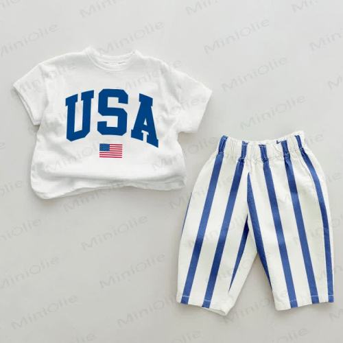 USA Baby Blue Vertical Striped 2-piece Set