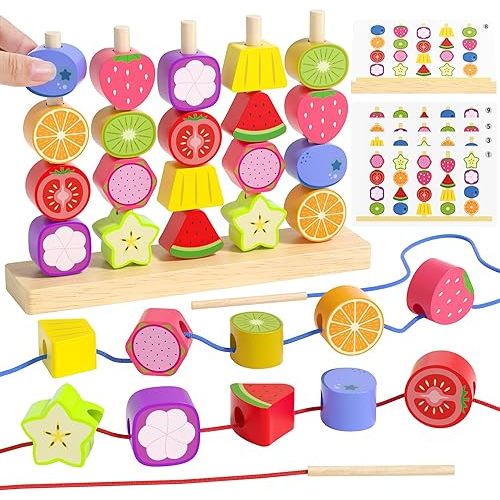 Montessori Toys for 3 4 5 Year Old, Wooden Fruit Toddler Stacking Toys, Stacking Blocks & Lacing Beads & Shape Sorter Toy for Toddler, STEM Preschool Learning Toys for Kids Boys Girls